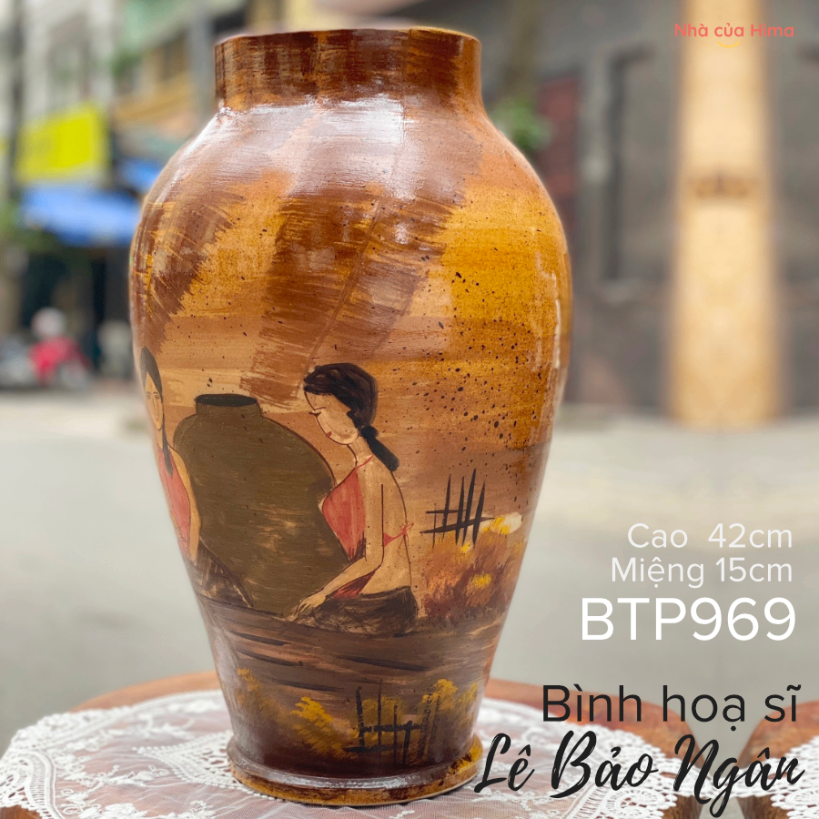 Bình gốm vuốt và vẽ tay bởi nghệ nhân Bát Tràng BTP969