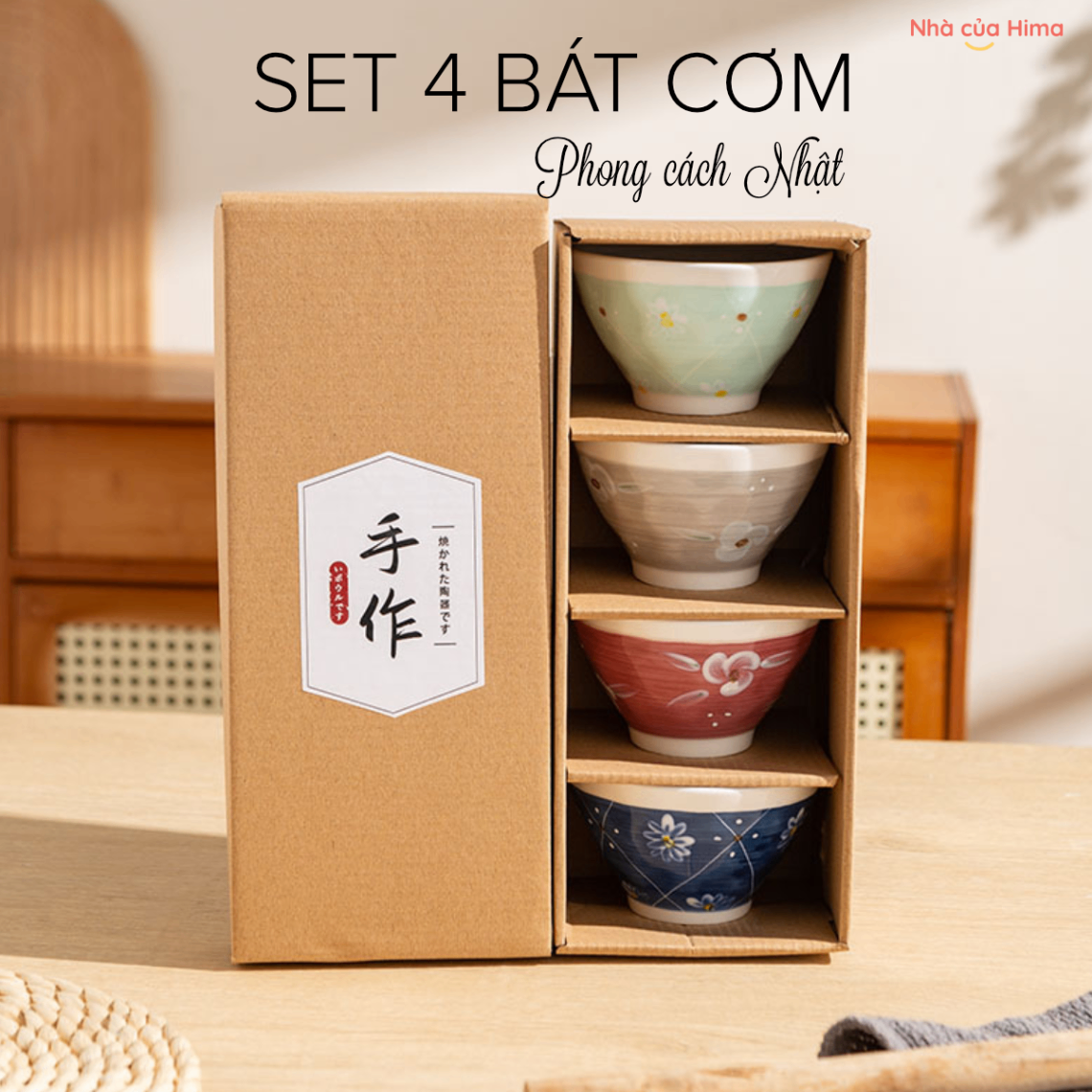 Set 4 bát cơm phong cách Nhật gốm cao cấp