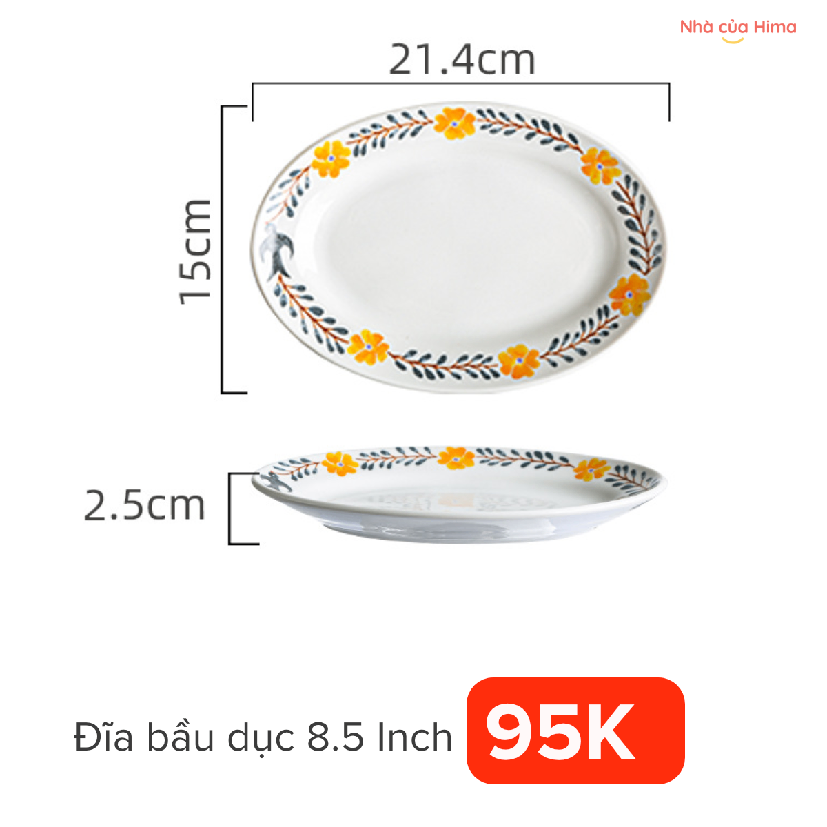 Đĩa bầu dục phẳng hoa nhí màu vàng phong cách Âu Mĩ 9.5 inch