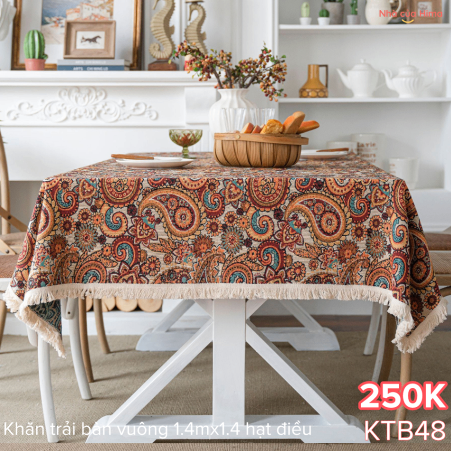 Khăn trải bàn vuông đk 1.4x1.4m hạt điều vải cotton KTB48