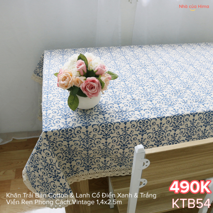 Khăn Trải Bàn Cotton & Lanh Cổ Điển Xanh & Trắng Viền Ren Phong Cách Vintage 1.4x2.5m hoạ tiết hoa dây xanh KTB54