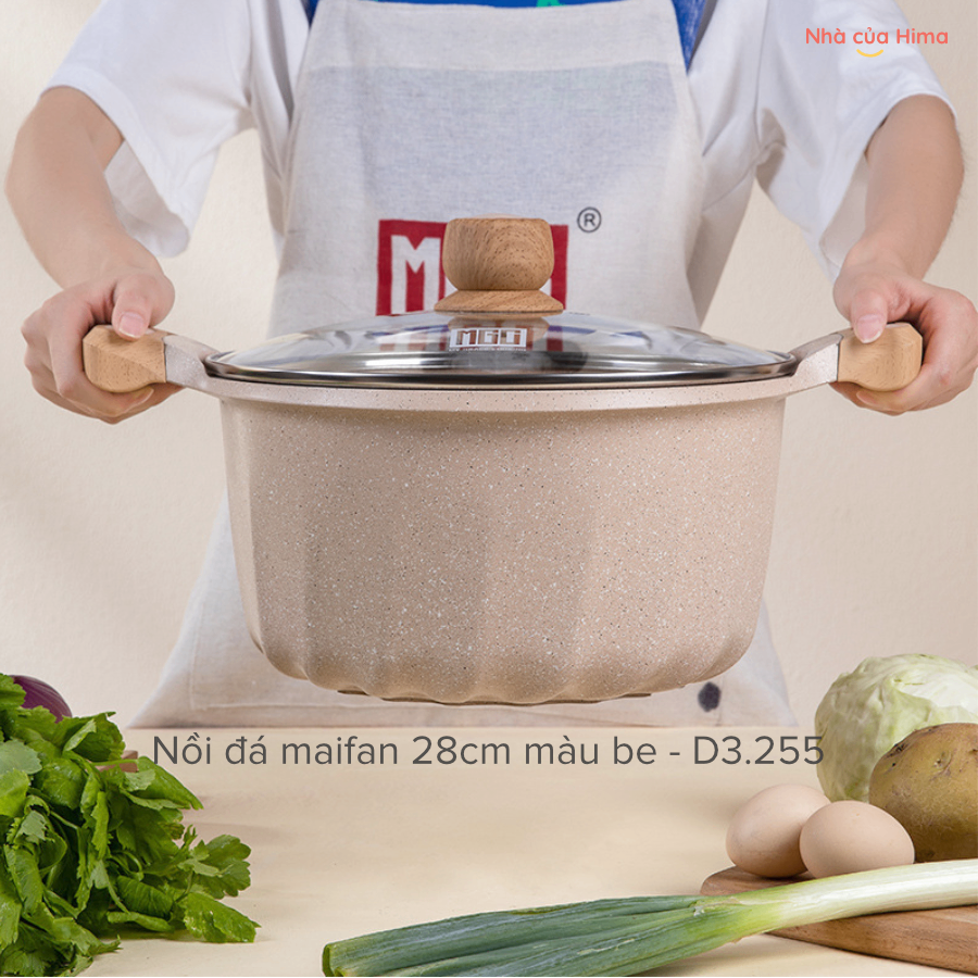 Nồi canh chống dính - hãng MGC - đá maifan - tay cầm gỗ - màu be- 28cmx15cm- 7.8L -D3.255