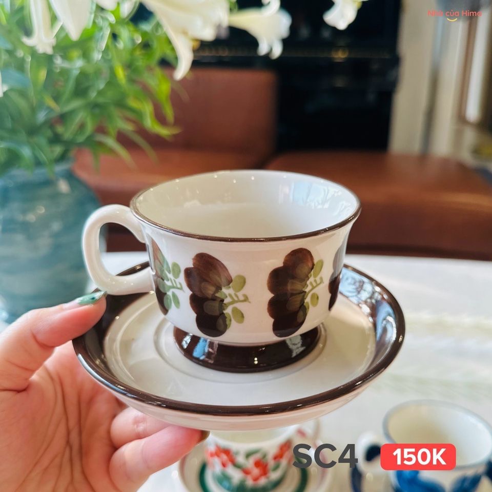 Set cốc cafe Vintage vẽ tay màu nâu