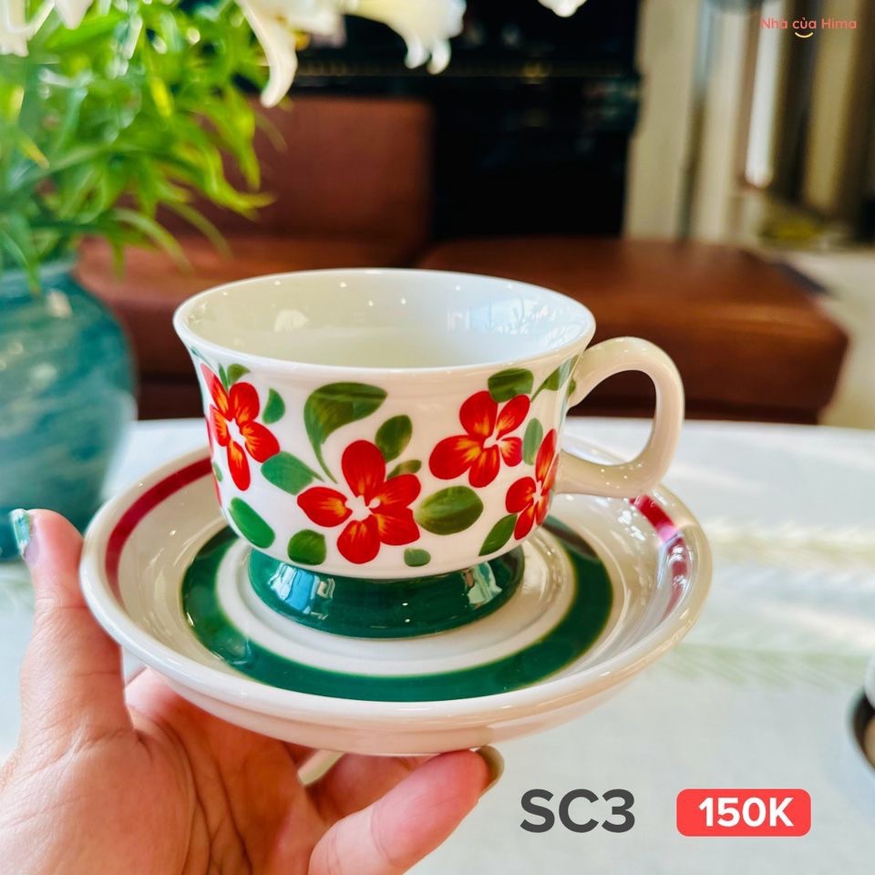 Set cốc cafe Vintage vẽ tay xanh là hoa đỏ