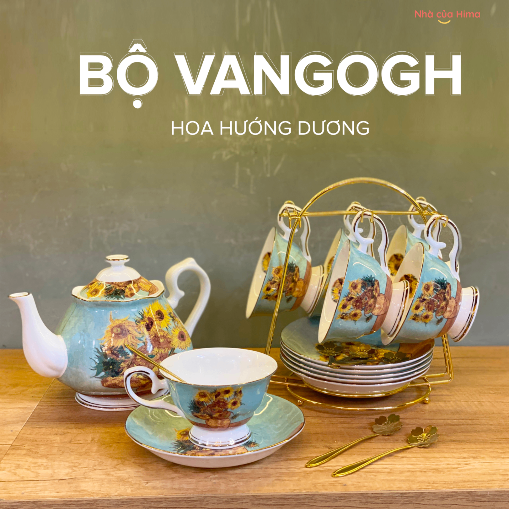 Set ấm trà Vangogh + 6 tách kèm giá treo và hộp quà tặng hoa hướng dương