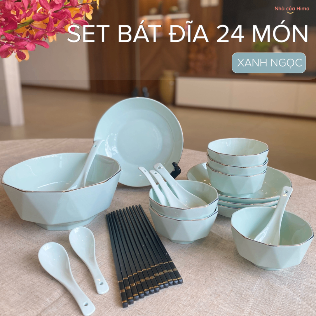 Bộ bát sứ cao cấp 24 món xanh ngọc viền vàng