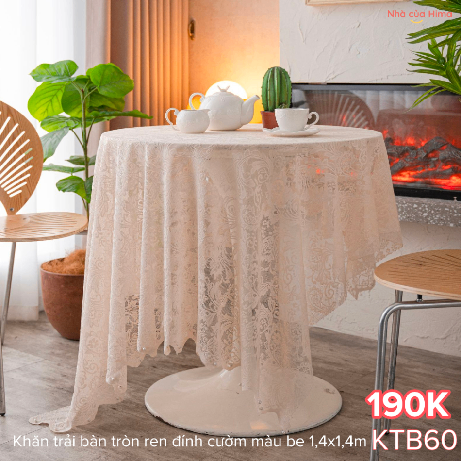 Khăn trải bàn tròn ren đính cườm màu be 1,4x1,4m KTB60