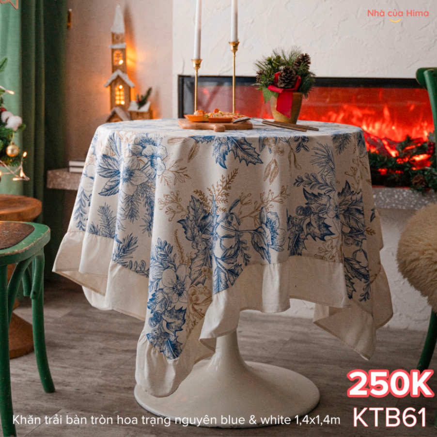 Khăn trải bàn tròn hoa trạng nguyên blue & white 1,4x1,4m KTB61