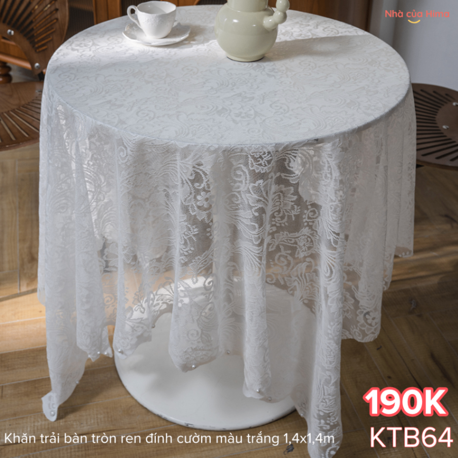 Khăn trải bàn tròn ren đính cườm màu trắng 1,4x1,4m KTB64
