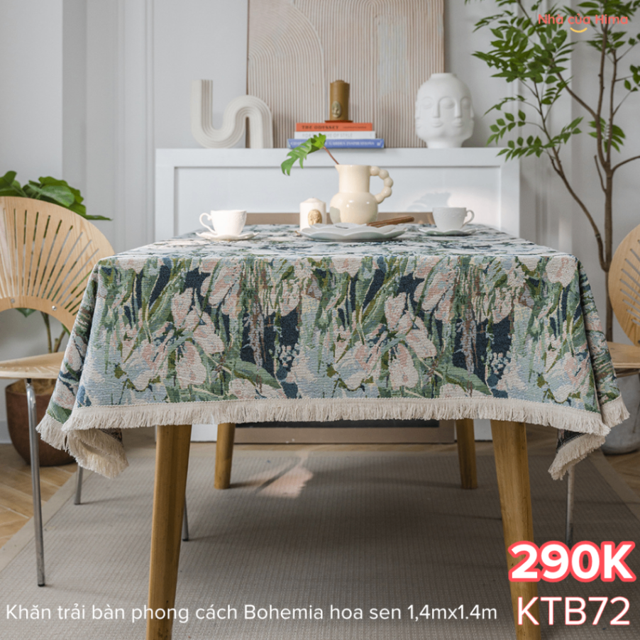 Khăn trải bàn vuông phong cách Bohemia hoa sen 1.4x1.4m KTB72