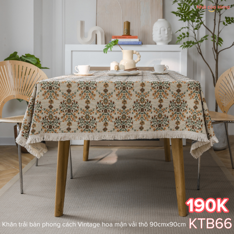 Khăn trải bàn vuông phong cách Vintage hoa mận vải thô 90cmx90cm KTB66
