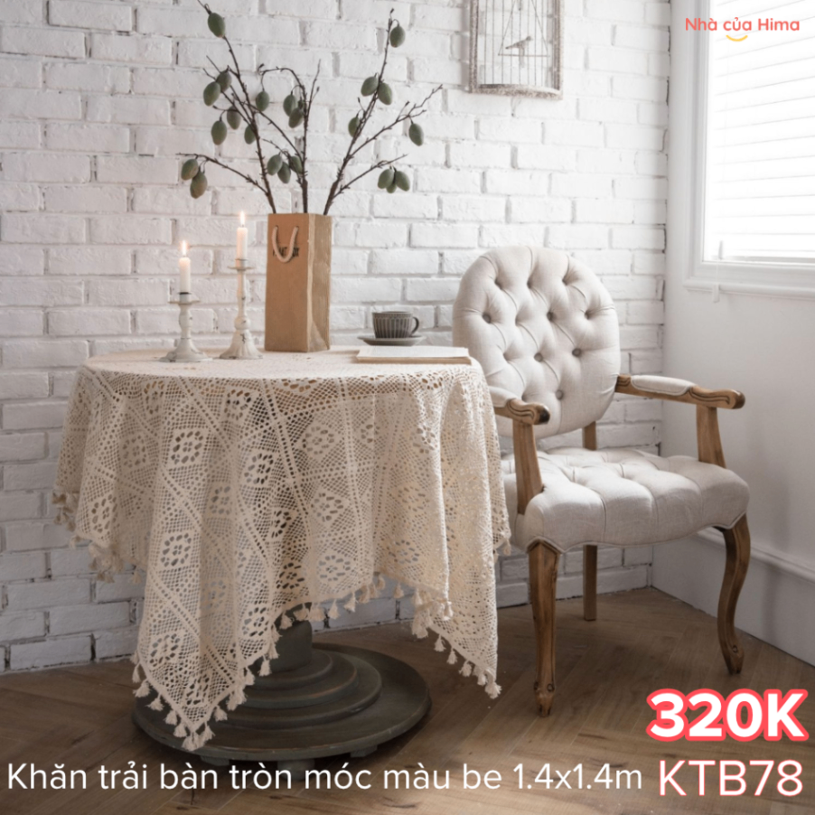 Khăn trải bàn tròn móc màu be đk 1.4m KTB78