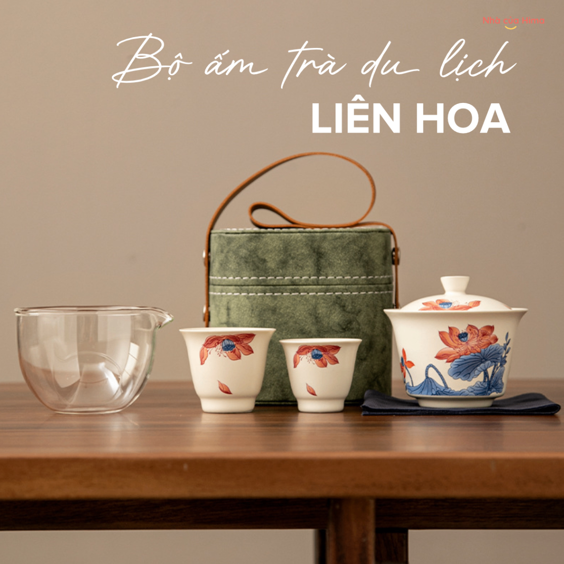 Bộ ấm trà du lịch liên hoa túi đựng có quai xách