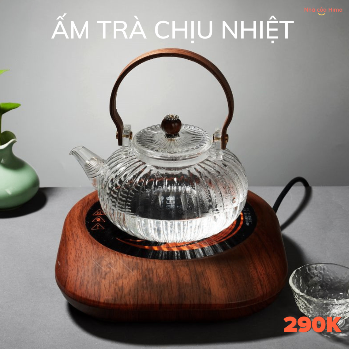 Ấm thuỷ tinh hình cánh hoa cúc quai gỗ óc chó