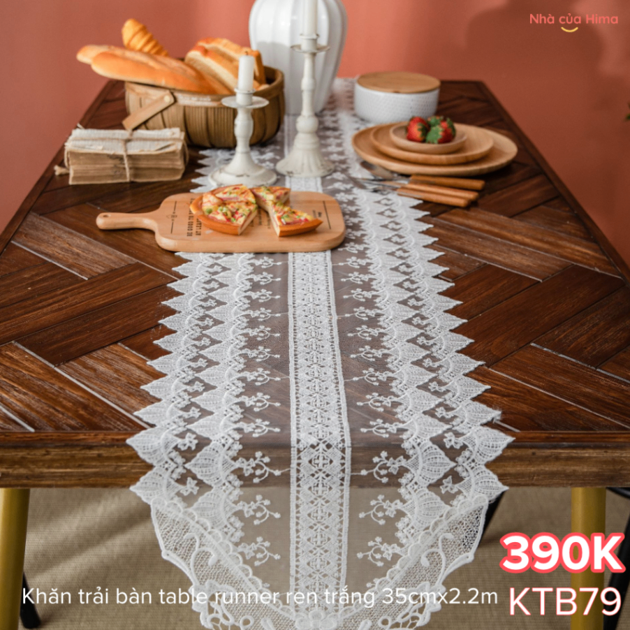 Khăn trải bàn table runner ren trắng 35cmx2.2m KTB79