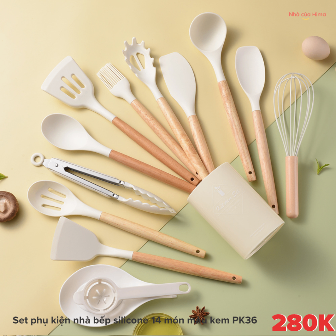 Set phụ kiện nhà bếp silicone 14 món màu kem PK36