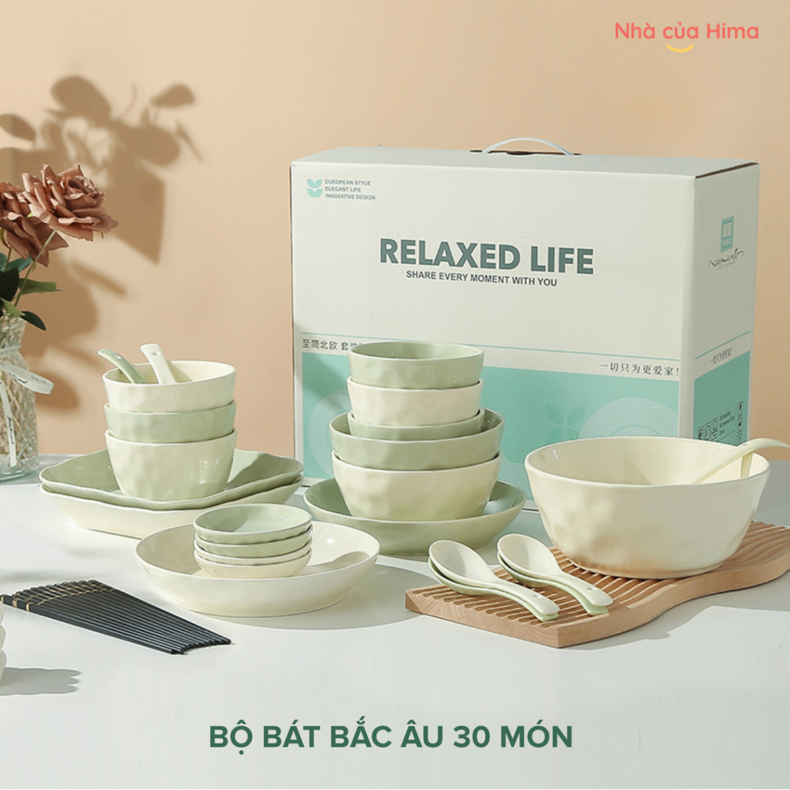 Bộ bát Bắc Âu 30 món mix 2 màu mint và kem