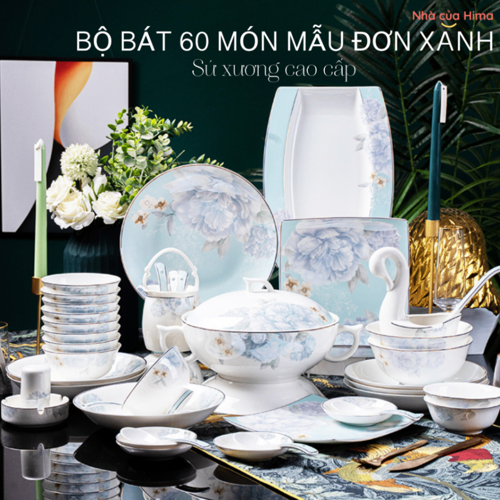 Bộ bát sứ xương cao cấp 60 món hoa mẫu đơn xanh