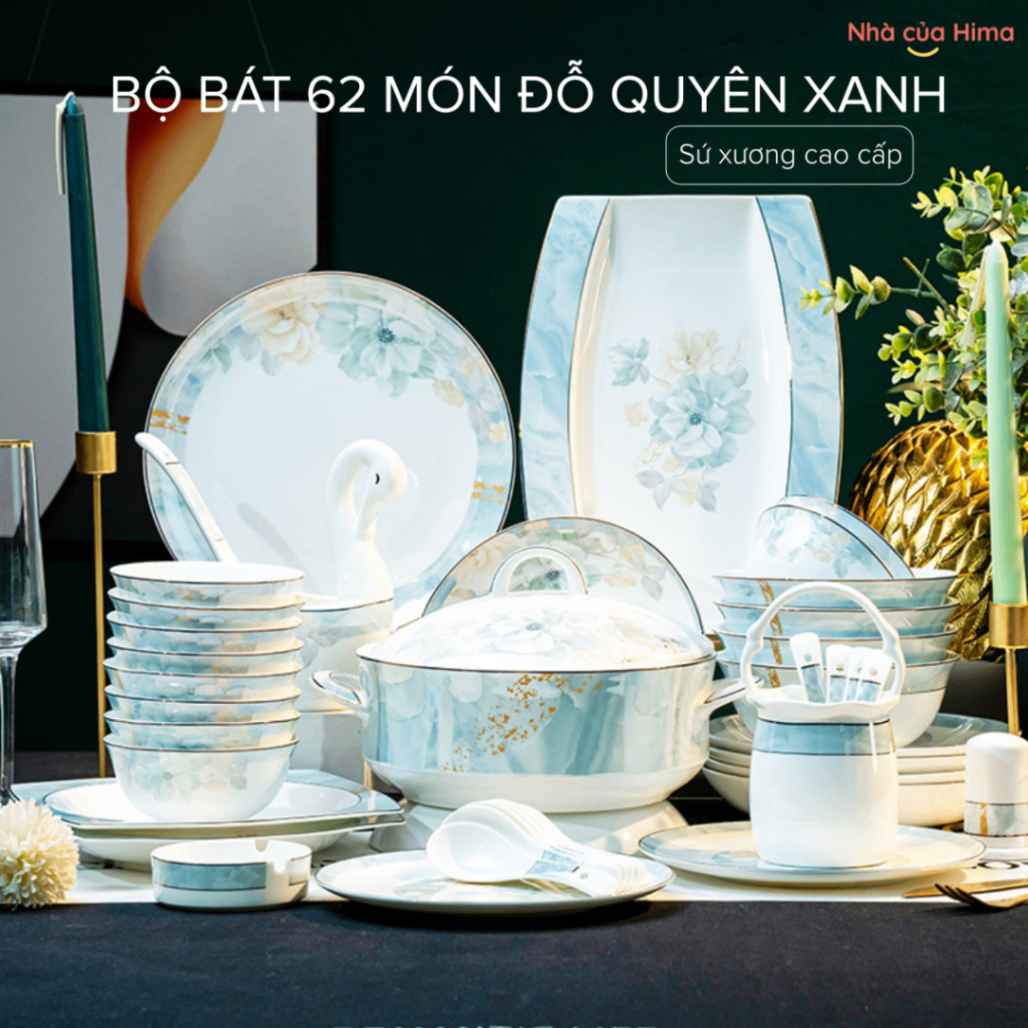 Bộ bát 62 món sứ xương cao cấp hoa mẫu đơn xanh