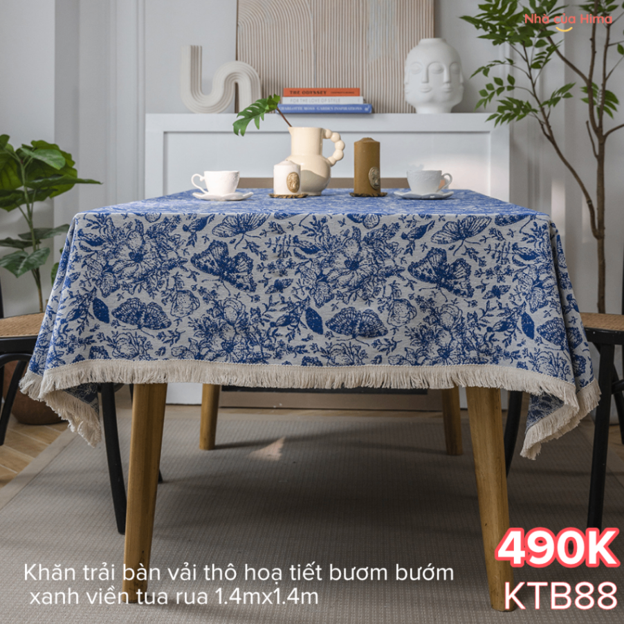 Khăn trải bàn vải thô hoạ tiết bươm bướm xanh viền tua rua 1.4mx1.4m KTB88