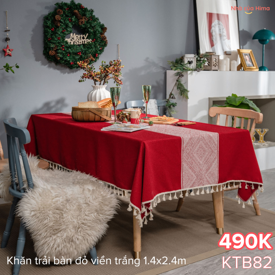 Khăn trải bàn đỏ viền trắng 1.4x2.4m KTB82