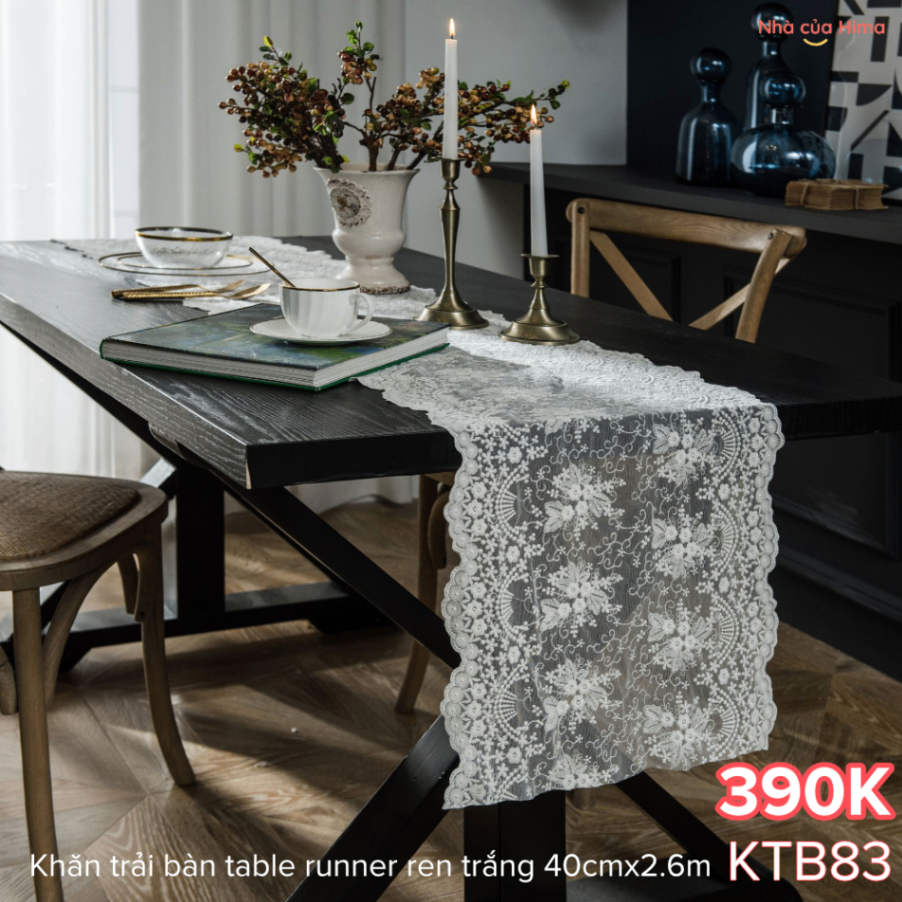 Khăn trải bàn table runner ren trắng 40cmx2.6m KTB83