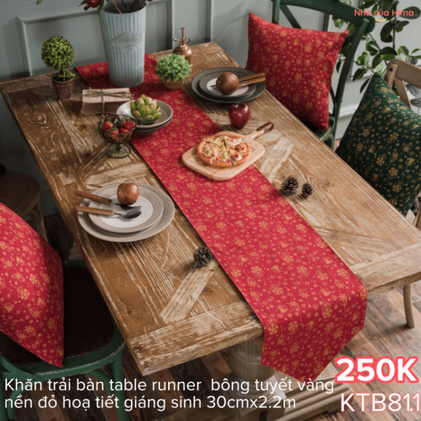 Khăn trải bàn table runner bông tuyết vàng nền đỏ hoạ tiết giáng sinh 30cmx2.2m KTB81.1