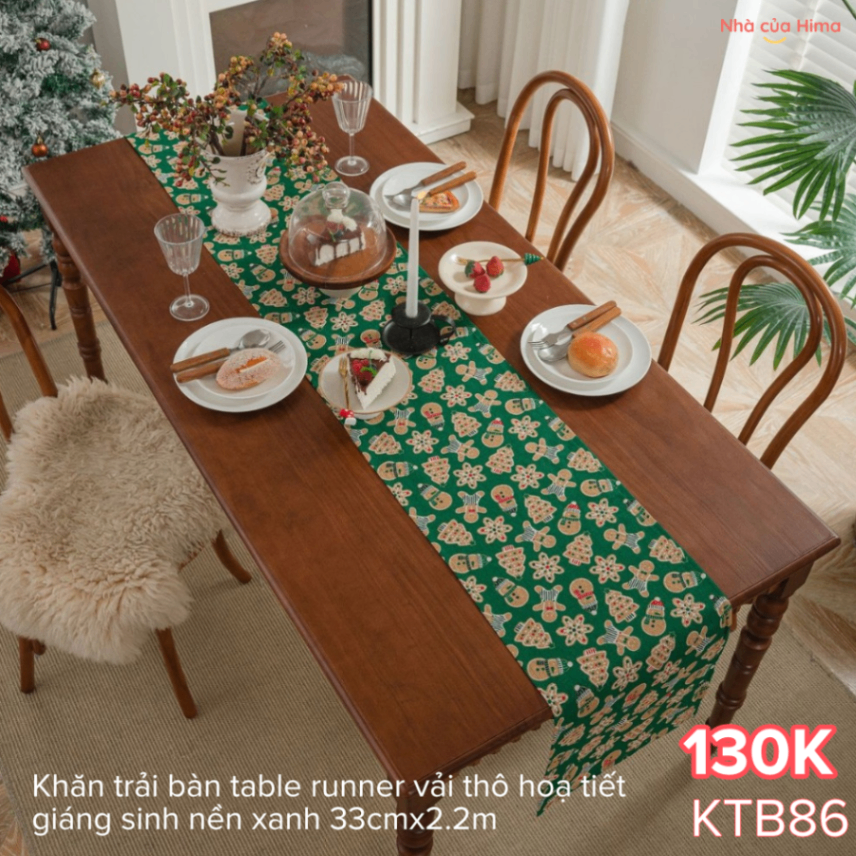 Khăn trải bàn table runner vải thô hoạ tiết giáng sinh nền xanh 33cmx2.2m KTB86