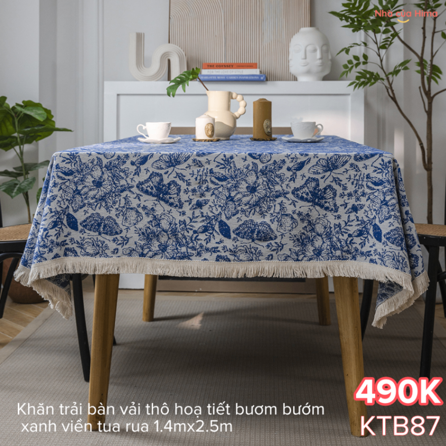 Khăn trải bàn vải thô hoạ tiết bươm bướm xanh viền tua rua 1.4mx2.5m KTB87