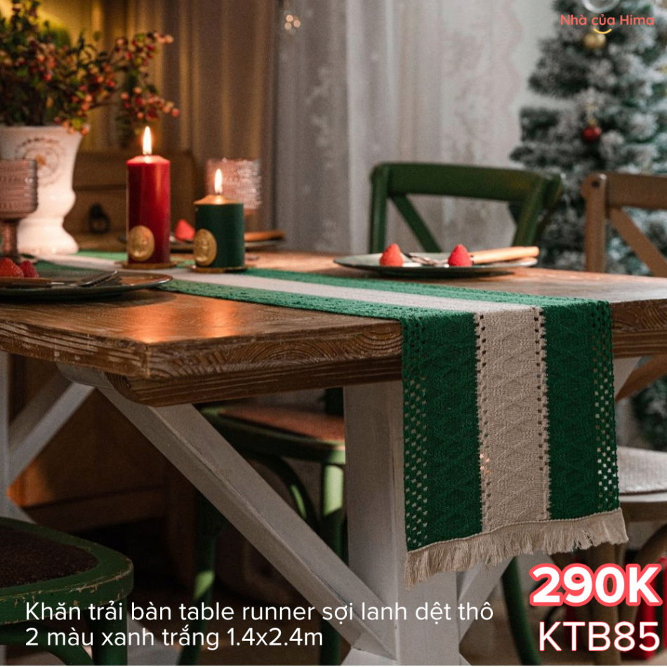 Khăn trải bàn table runner sợi lanh dệt thô 2 màu xanh trắng 1.4x2.4m KTB85