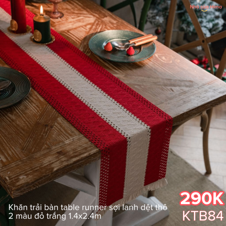 Khăn trải bàn table runner sợi lanh dệt thô 2 màu đỏ trắng 1.4x2.4m KTB84