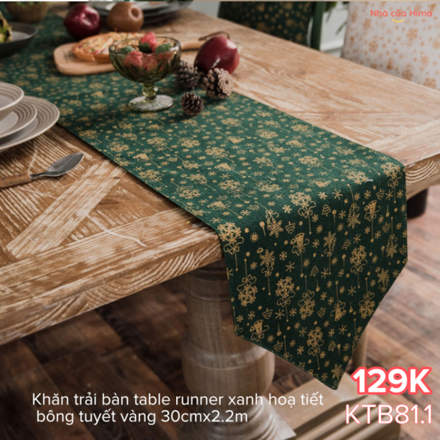 Khăn trải bàn table runner xanh hoạ tiết bông tuyết vàng 30cmx2.2m KTB81.2