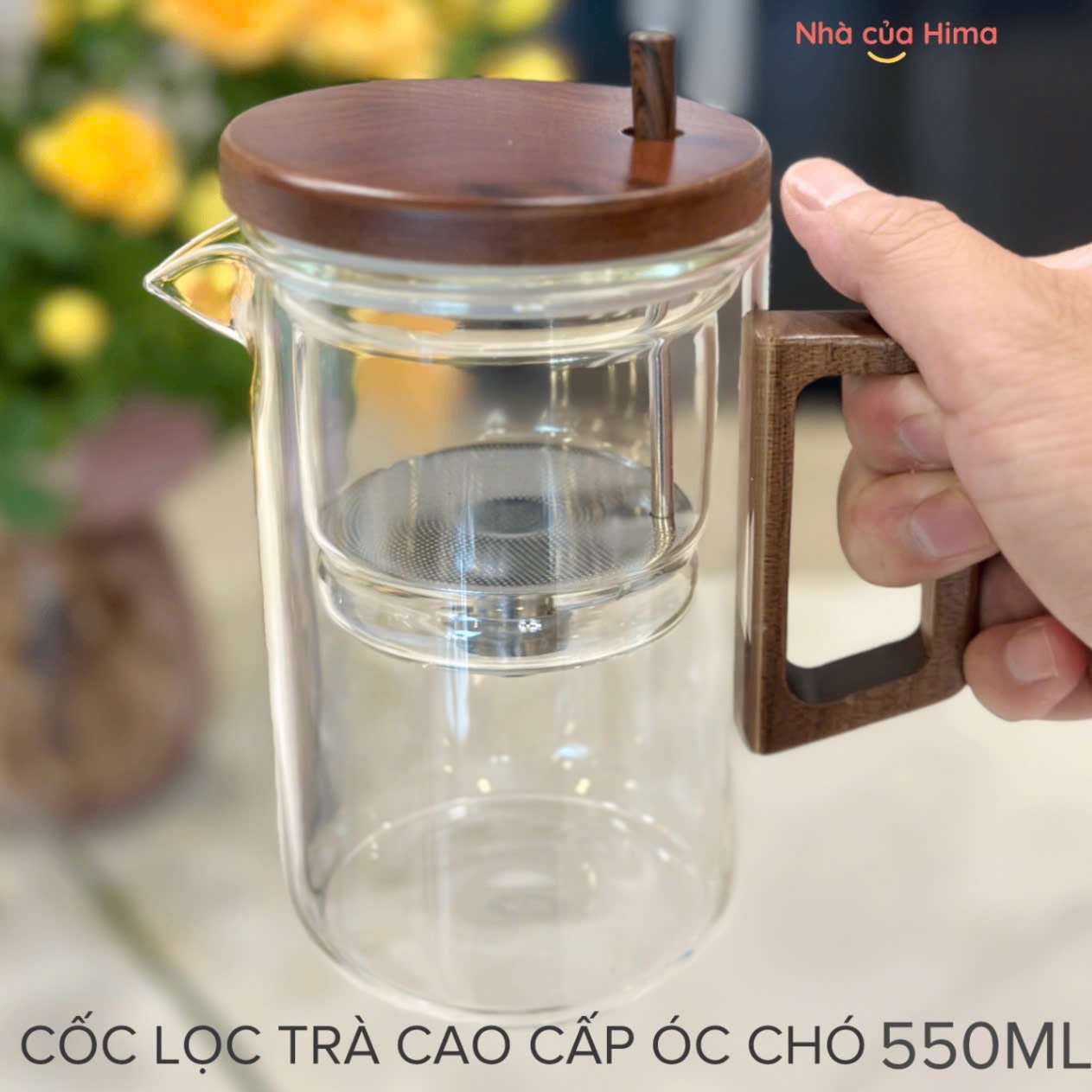 Cốc lọc trà thuỷ tinh óc chó có nút bấm thoát nước trà 550ml