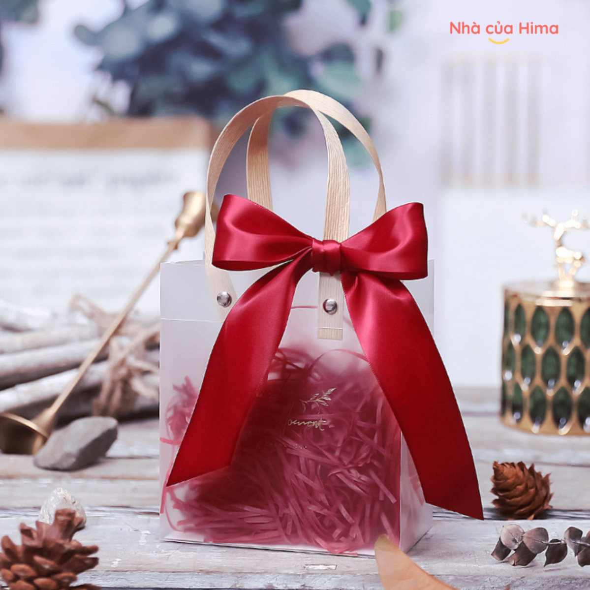 Túi quà PVC trong suốt nơ đỏ 20*9*25cm