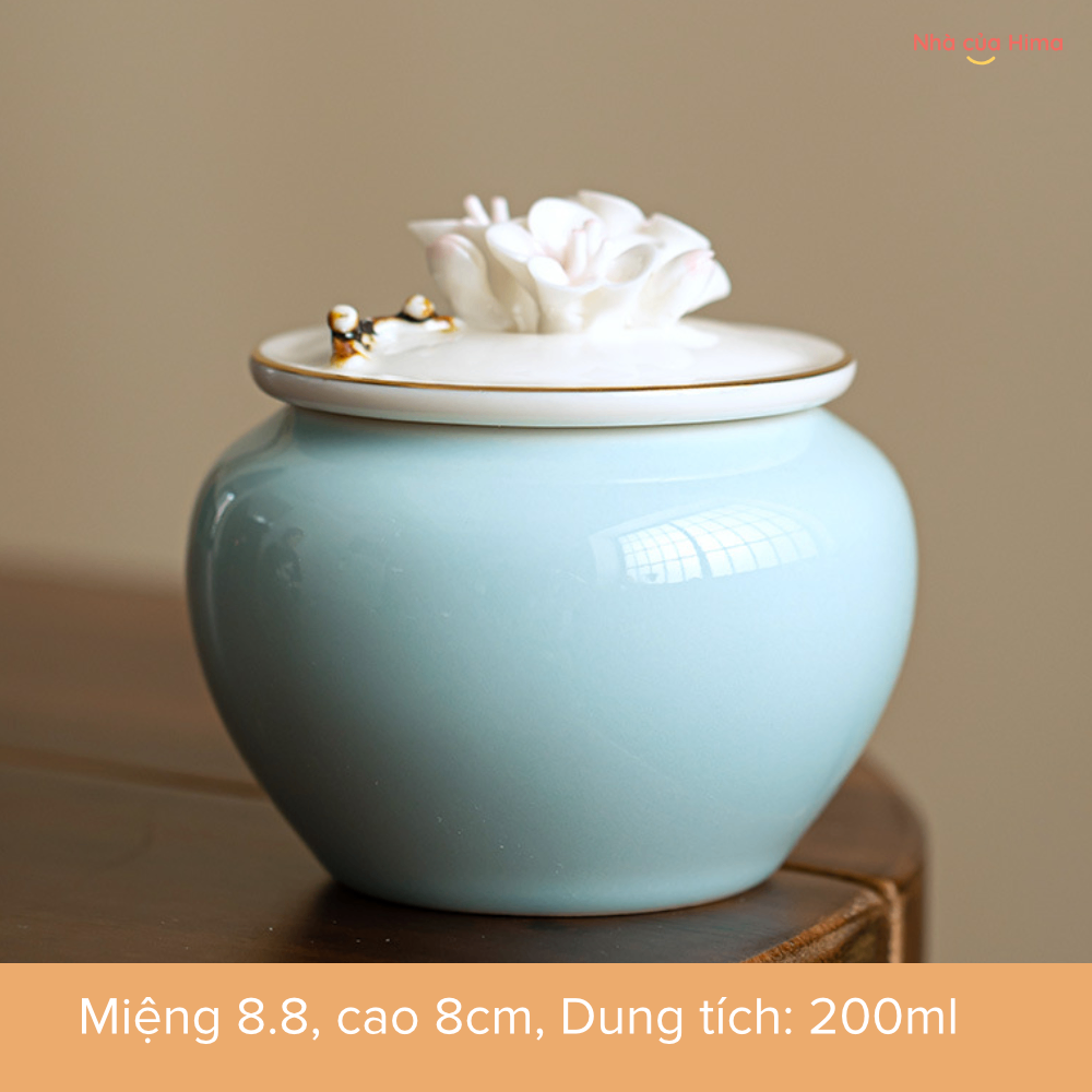 Hũ trà màu xanh hoa đắp nổi 200gr (không hộp)