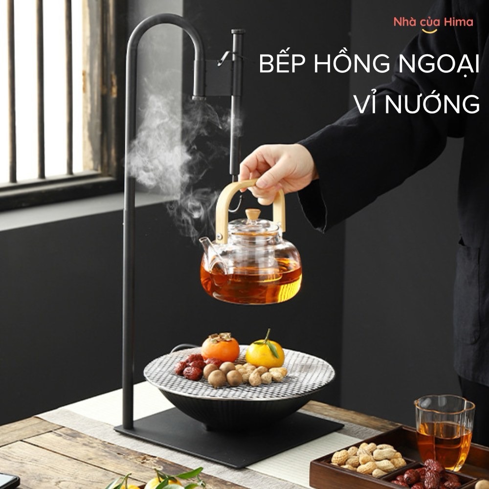 Bộ bếp hồng ngoại mặt kính cường lực 1000wt kèm giá treo ấm (bếp+chậu gốm+ vỉ nướng & đá cuội + giá treo ấm)