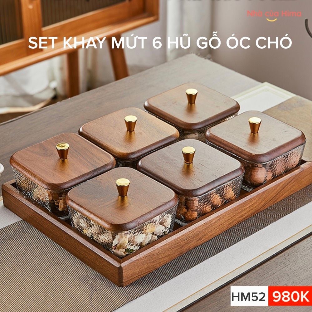 Khay mứt/đựng bánh kẹo hoa quả bàn trà thuỷ tinh lượn sóng nắp gỗ óc chó - 6 hũ kèm nắp gỗ và khay