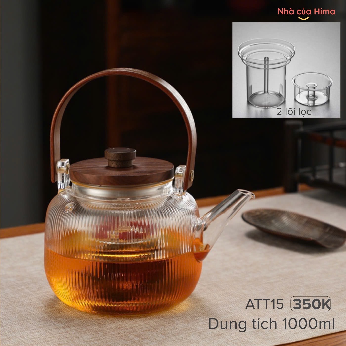 Ấm trà thuỷ tinh 1000ml 2 lõi lọc quai gỗ óc chó