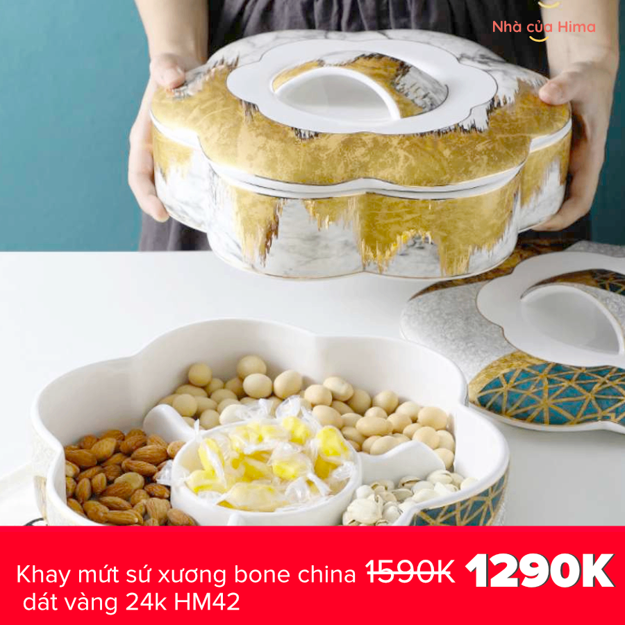 Khay mứt sứ xương bone china dát vàng 24k HM42