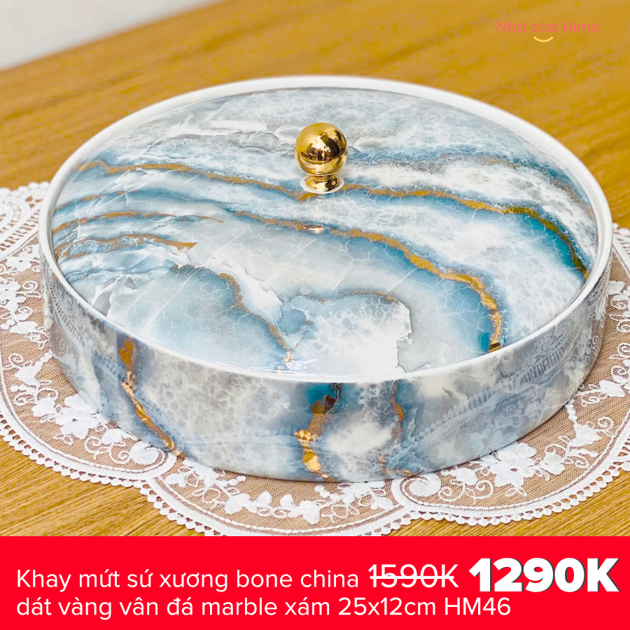 Khay mứt sứ xương bone china dát vàng vân đá marble xám 25x12cm HM46