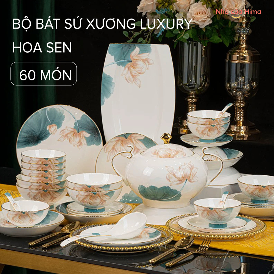 Bộ bát 60 món bát sứ xương hoa sen