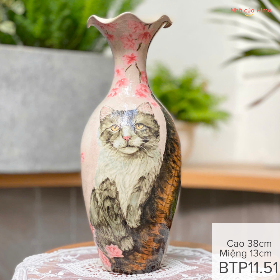 Bình gốm vuốt và vẽ tay bởi nghệ nhân Bát Tràng BTP11.51