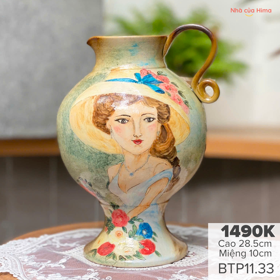 Bình gốm vuốt và vẽ tay bởi nghệ nhân Bát Tràng BTP11.33