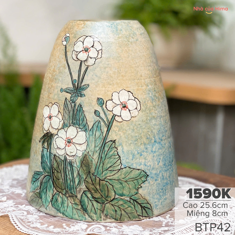 Chuông hoa cúc trắng gốm Tuấn vẽ và vuốt tay bởi nghệ nhân 25.6*8cm