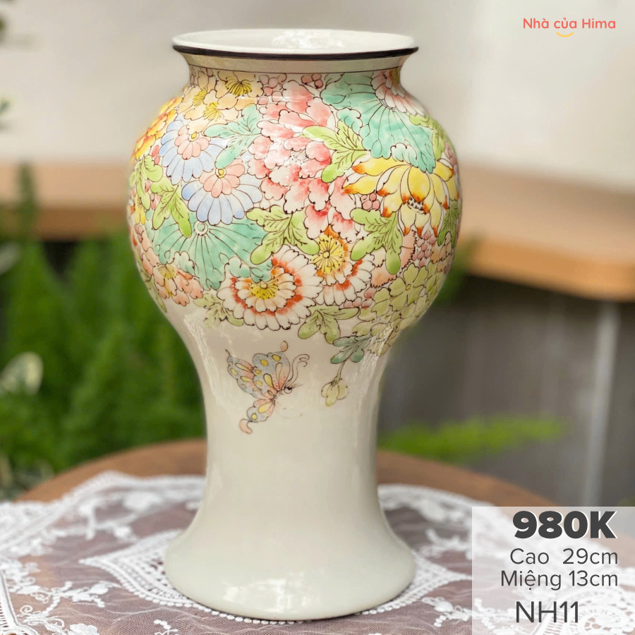 Bình men lam ngàn hoa màu cao 29cm miệng 13cm NHM11