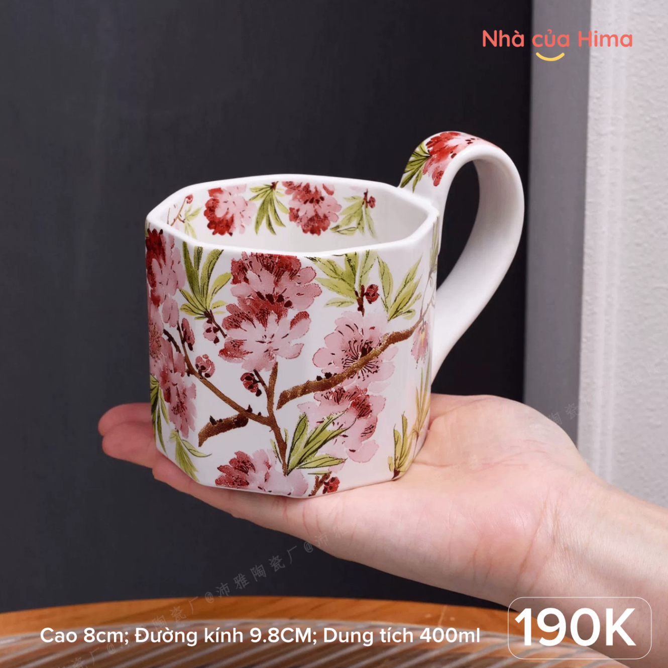 Cốc bát giác hoa đào 400ml (Cao 8cm; đk 9.8cm)