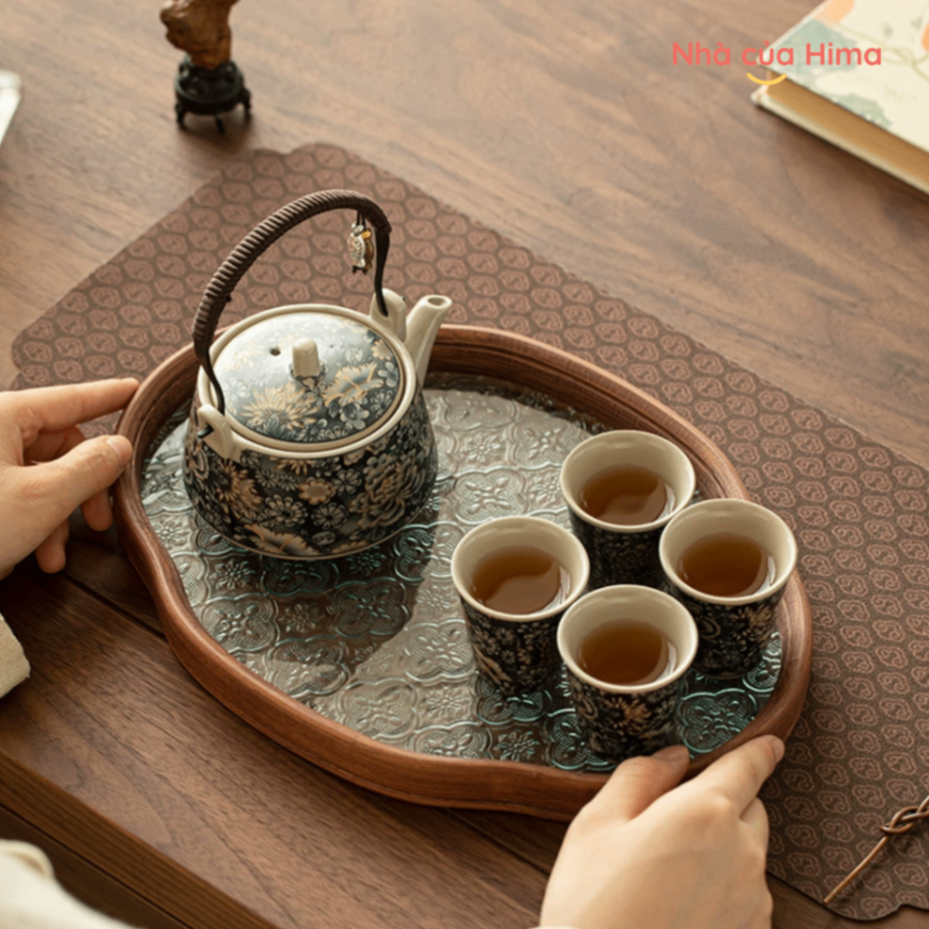 Bộ ấm trà mẫu đơn vạn hoa muôn hoa không lộ đời Tống khay thuỷ tinh mờ (không hộp quà tặng)