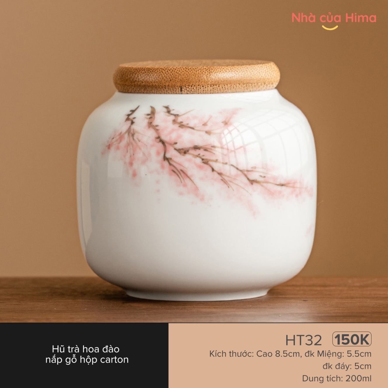 Hũ trà hoa đào nắp gỗ không hộp (200ML; đkinh 8.5cm; Miệng 5.5cm, Đáy 4.5cm)