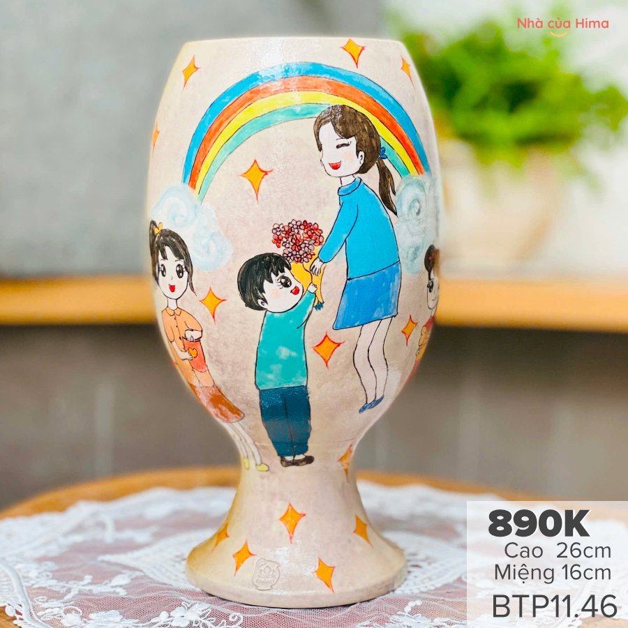 Bình gốm vuốt và vẽ tay bởi nghệ nhân Bát Tràng BTP11.46