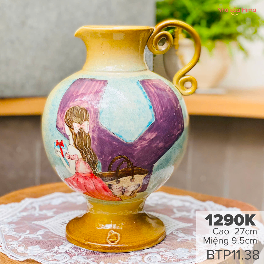 Bình gốm vuốt và vẽ tay bởi nghệ nhân Bát Tràng BTP11.38